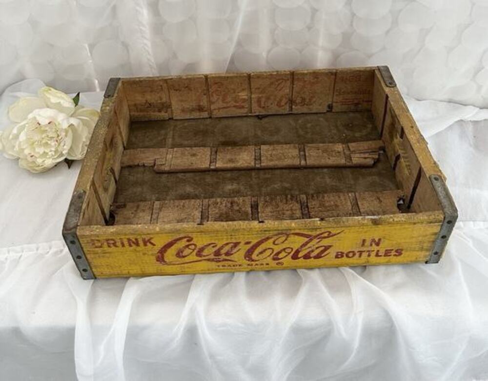 VTG Coca-Cola Coke Yellow Wooden Bottle Crate 1968 Home Decor Farmhouse Prop